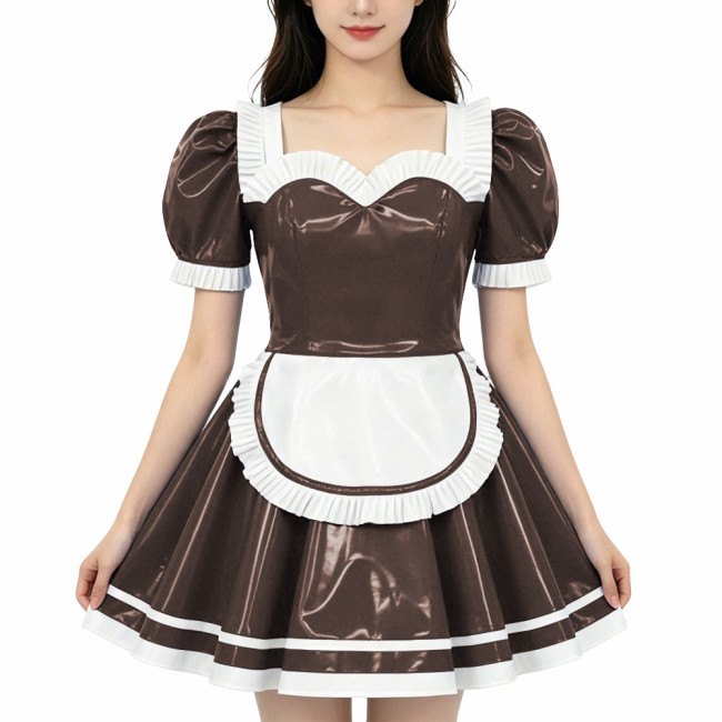 French Maid PVC Shiny Dress Sweetheart Neckline Glossy Faux Leather A-line Dress with White Trim Adult Role Play Maid Dresses