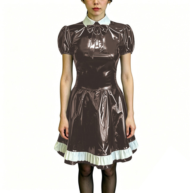 Preppy Style Shiny PVC Dress Wet Look Puff Sleeve Ruffle Hem A-Line Dress Womens Maid Fancy Outfits for Halloween Cosplay Party