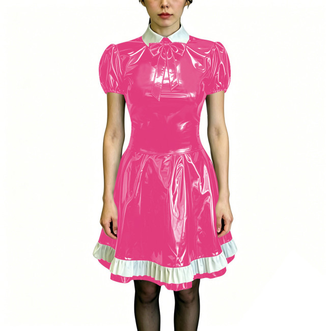 Preppy Style Shiny PVC Dress Wet Look Puff Sleeve Ruffle Hem A-Line Dress Womens Maid Fancy Outfits for Halloween Cosplay Party