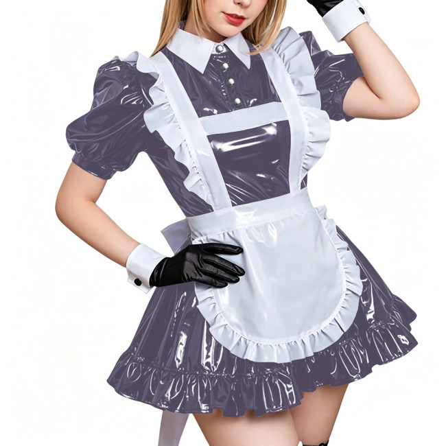 Glossy PVC Leather French Maid Outfit Short Sleeve Apron Pleated Mini Dress with Apron Crossdressering Role Play Maid Uniforms
