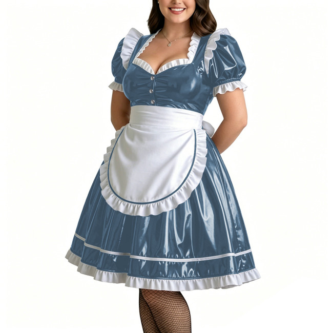 Plus Size Role Play PVC Maid Dress for Womens Shiny Wet Look Puff Sleeve Knee-length Maid Uniforms Halloween Cosplay Costume 7XL