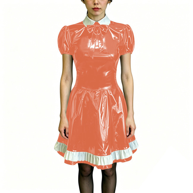 Preppy Style Shiny PVC Dress Wet Look Puff Sleeve Ruffle Hem A-Line Dress Womens Maid Fancy Outfits for Halloween Cosplay Party