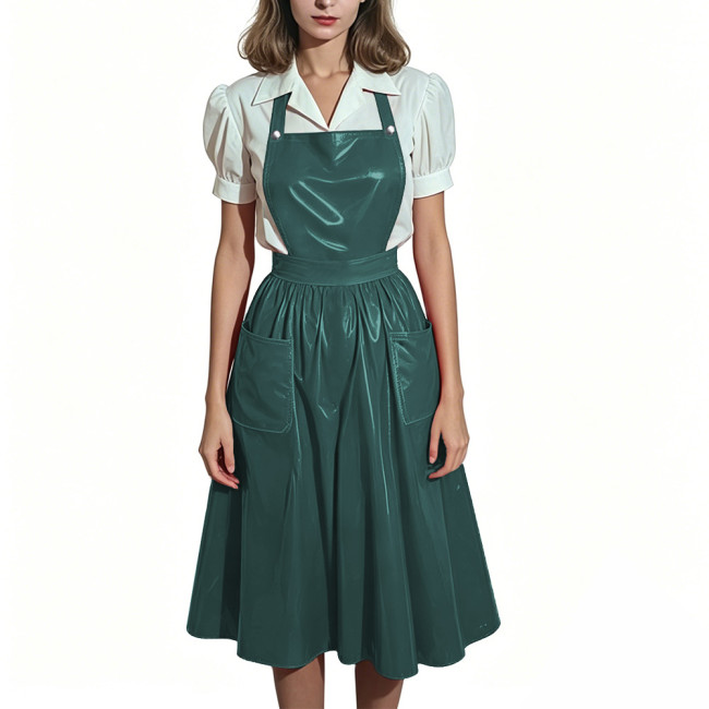 Plus Size Glossy Maid Apron Dress PVC Shiny Midi Suspender Skirt with Pockets Women Backless Criss Cross Strap Dresses Cosplay