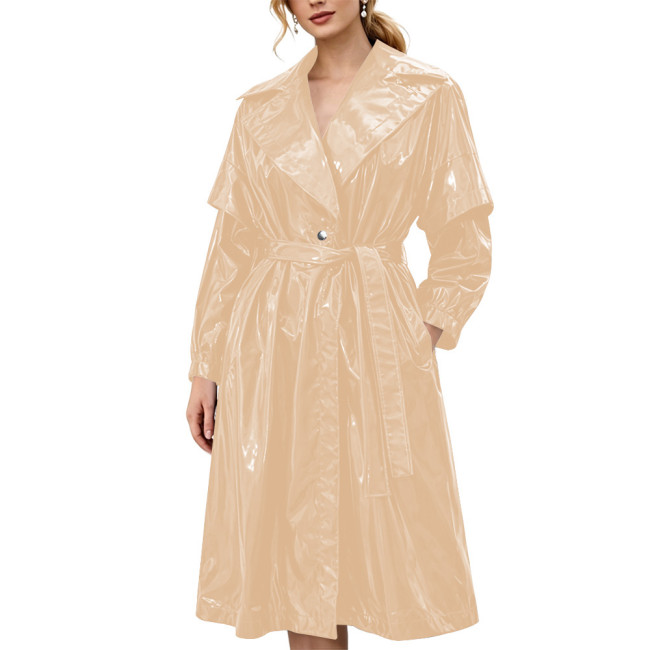 Women's Shiny Solid Color PVC Trench Coat Glossy Wet Look Belted Midi Coat Lapel Collar Outerwear Ladies Streetwear Club Outfits