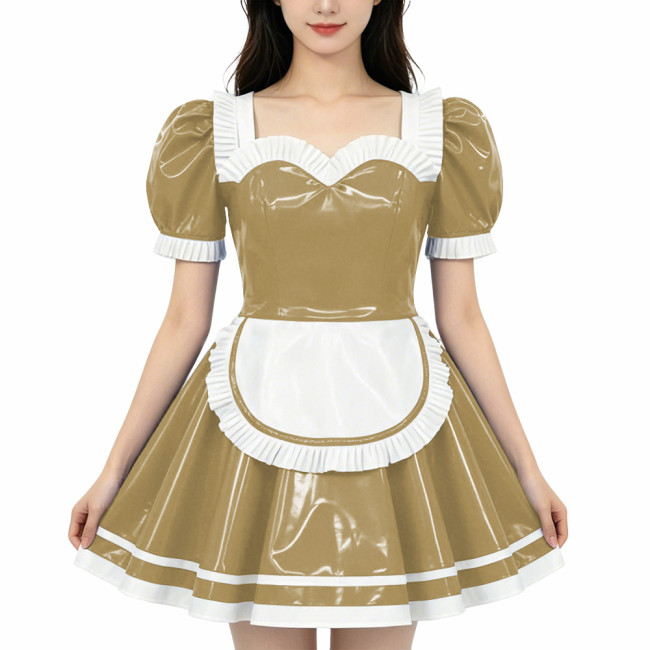 French Maid PVC Shiny Dress Sweetheart Neckline Glossy Faux Leather A-line Dress with White Trim Adult Role Play Maid Dresses
