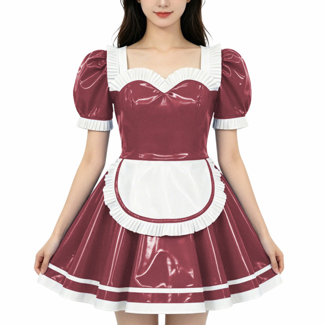 French Maid PVC Shiny Dress Sweetheart Neckline Glossy Faux Leather A-line Dress with White Trim Adult Role Play Maid Dresses