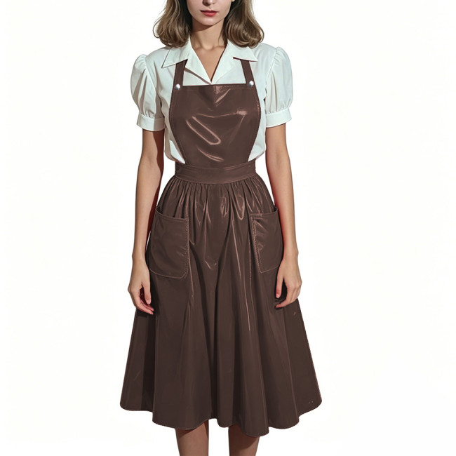 Plus Size Glossy Maid Apron Dress PVC Shiny Midi Suspender Skirt with Pockets Women Backless Criss Cross Strap Dresses Cosplay