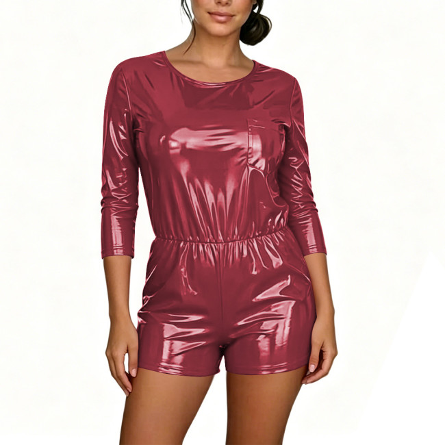 Women's Solid Color Shiny PVC Romper Wet Look Elastic Waist Short Jumpsuit with Pocket Round Neck Clubwear Party Cosplay Outfits