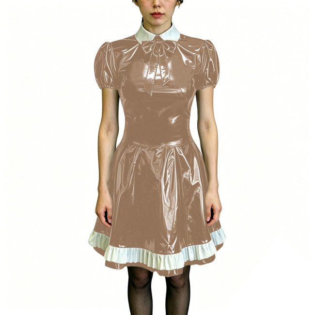 Preppy Style Shiny PVC Dress Wet Look Puff Sleeve Ruffle Hem A-Line Dress Womens Maid Fancy Outfits for Halloween Cosplay Party