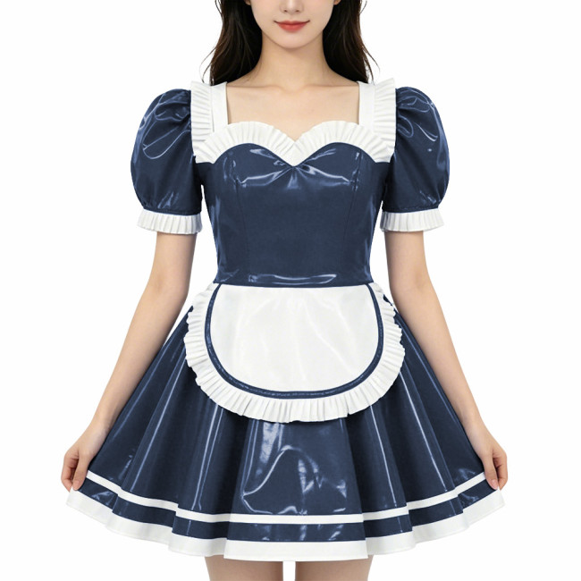 French Maid PVC Shiny Dress Sweetheart Neckline Glossy Faux Leather A-line Dress with White Trim Adult Role Play Maid Dresses
