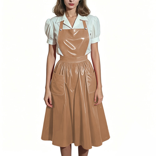Plus Size Glossy Maid Apron Dress PVC Shiny Midi Suspender Skirt with Pockets Women Backless Criss Cross Strap Dresses Cosplay