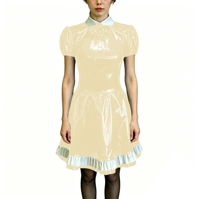 Preppy Style Shiny PVC Dress Wet Look Puff Sleeve Ruffle Hem A-Line Dress Womens Maid Fancy Outfits for Halloween Cosplay Party