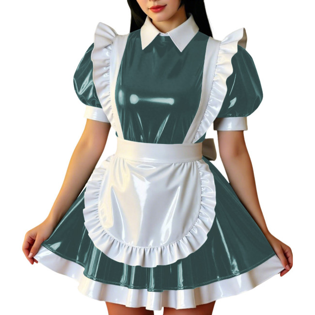 Retro Glossy French Maid Dress Outfit Vinyl PVC Leather Mini Dress with Ruffle Trim Apron Sissy Party Role Play Maid Uniforms