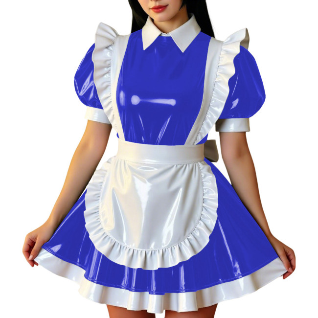 Retro Glossy French Maid Dress Outfit Vinyl PVC Leather Mini Dress with Ruffle Trim Apron Sissy Party Role Play Maid Uniforms
