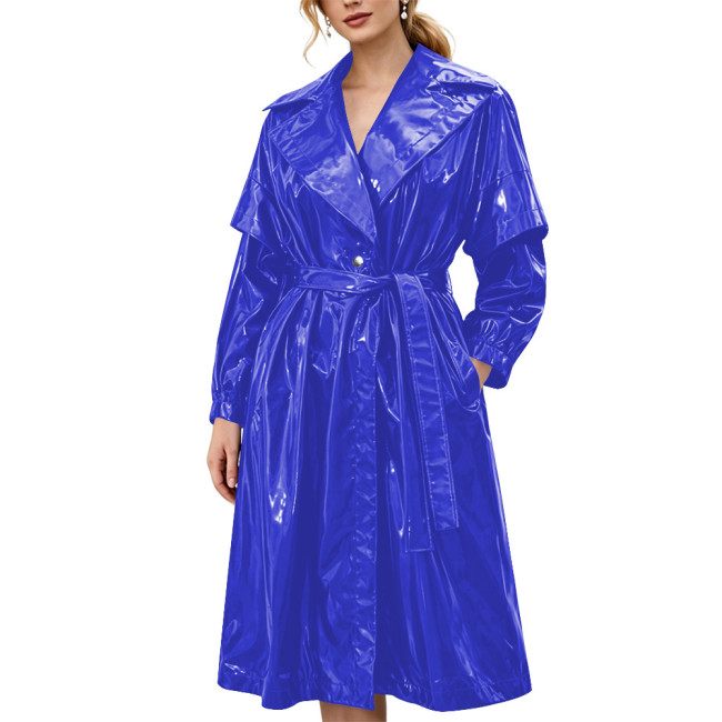 Women's Shiny Solid Color PVC Trench Coat Glossy Wet Look Belted Midi Coat Lapel Collar Outerwear Ladies Streetwear Club Outfits