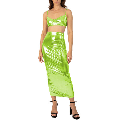 Women's Metallic Liquid 2-Piece Outfit Shiny Spaghetti Strap Crop Top with Bodycon Maxi Skirt Set Sexy Tight Party Clubwear 7XL