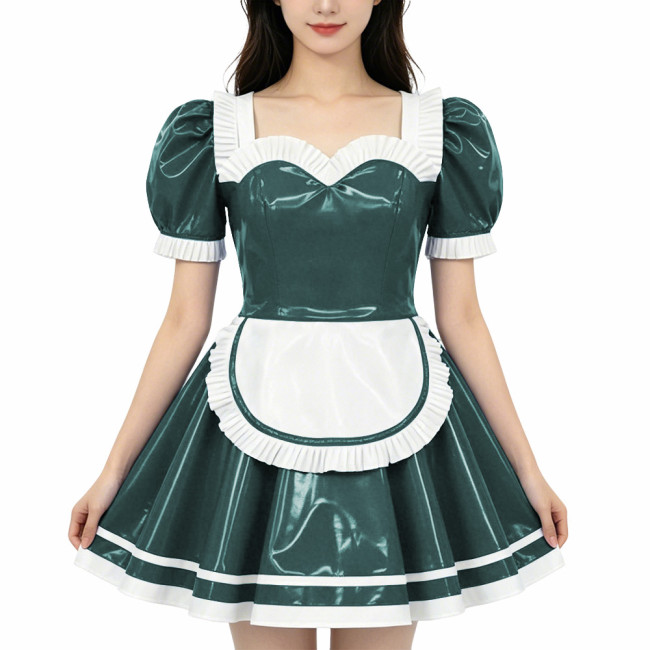 French Maid PVC Shiny Dress Sweetheart Neckline Glossy Faux Leather A-line Dress with White Trim Adult Role Play Maid Dresses