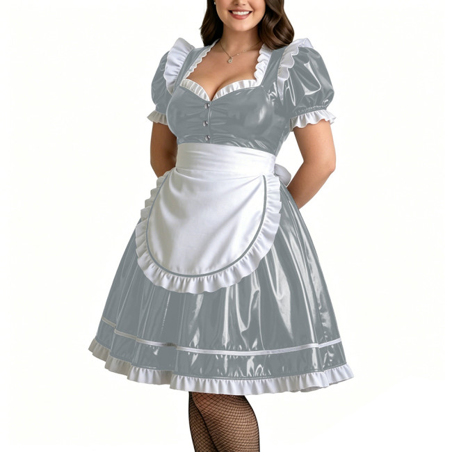 Plus Size Role Play PVC Maid Dress for Womens Shiny Wet Look Puff Sleeve Knee-length Maid Uniforms Halloween Cosplay Costume 7XL