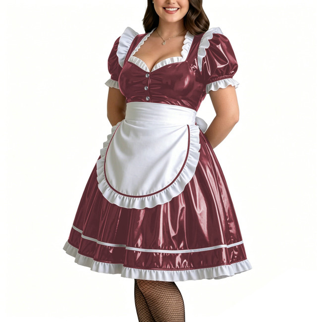 Plus Size Role Play PVC Maid Dress for Womens Shiny Wet Look Puff Sleeve Knee-length Maid Uniforms Halloween Cosplay Costume 7XL