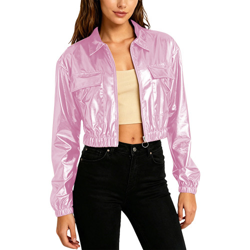 Plus Size Women Fashion Cropped Jacket Long Sleeve Metallic Shiny Pockets Coat Lapel Collar Outerwear Club Party Night Out Coats