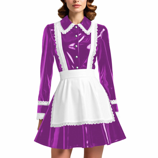 Glossy PVC Leather French Maid Outfit Lace Trim Pleated Mini Dress with White Apron Long Sleeve Cosplay Role Play Maid Uniforms