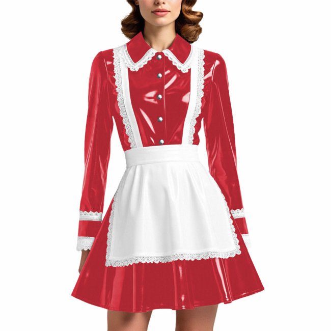 Glossy PVC Leather French Maid Outfit Lace Trim Pleated Mini Dress with White Apron Long Sleeve Cosplay Role Play Maid Uniforms