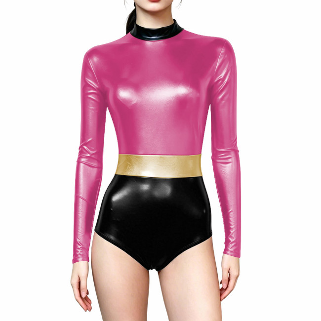 Novelty Shiny Metallic Club Leotard Long Sleeve High Neck Patchwork Bodysuit Halloween Cosplay Costume Party High Cut Catsuit