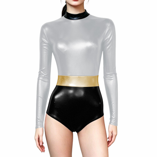 Novelty Shiny Metallic Club Leotard Long Sleeve High Neck Patchwork Bodysuit Halloween Cosplay Costume Party High Cut Catsuit