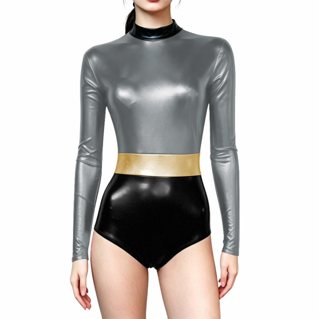 Novelty Shiny Metallic Club Leotard Long Sleeve High Neck Patchwork Bodysuit Halloween Cosplay Costume Party High Cut Catsuit