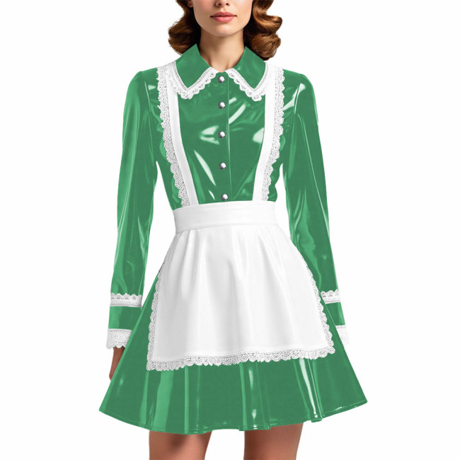 Glossy PVC Leather French Maid Outfit Lace Trim Pleated Mini Dress with White Apron Long Sleeve Cosplay Role Play Maid Uniforms