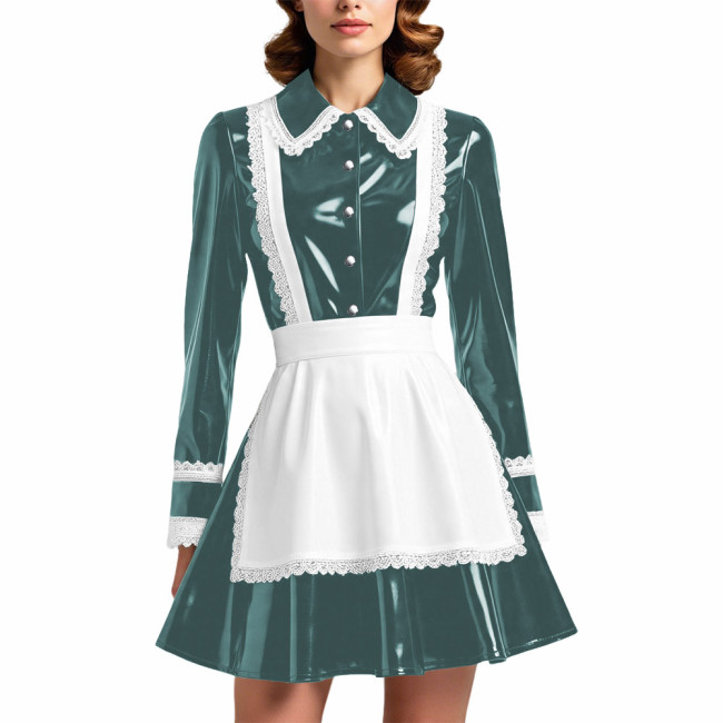 Glossy PVC Leather French Maid Outfit Lace Trim Pleated Mini Dress with White Apron Long Sleeve Cosplay Role Play Maid Uniforms