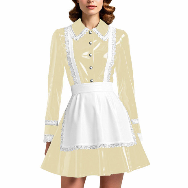 Glossy PVC Leather French Maid Outfit Lace Trim Pleated Mini Dress with White Apron Long Sleeve Cosplay Role Play Maid Uniforms