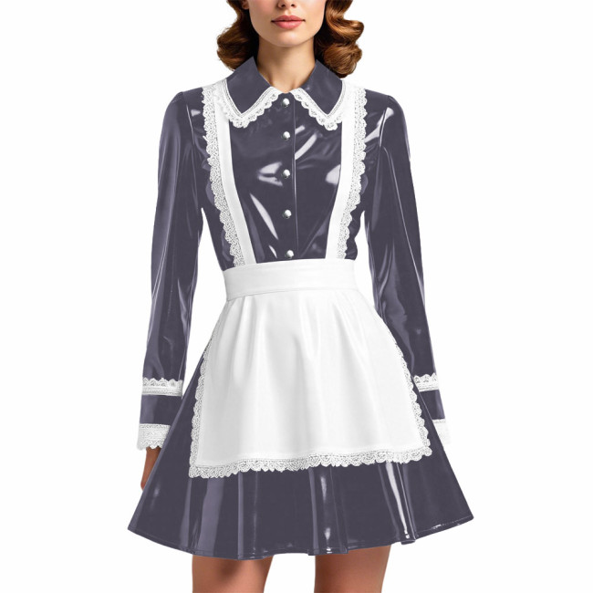 Glossy PVC Leather French Maid Outfit Lace Trim Pleated Mini Dress with White Apron Long Sleeve Cosplay Role Play Maid Uniforms
