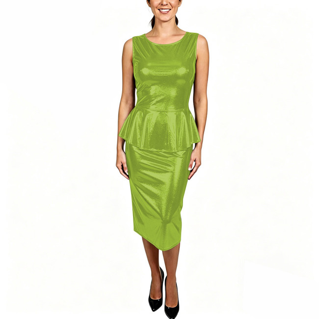 Shiny Metallic Peplum Midi Dress Set Womens Sleeveless Ruffles Top with Pencil Skirt Plus Size Womens Evening Party Club Outfits