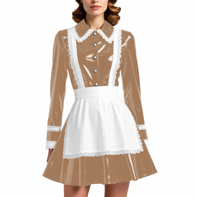 Glossy PVC Leather French Maid Outfit Lace Trim Pleated Mini Dress with White Apron Long Sleeve Cosplay Role Play Maid Uniforms