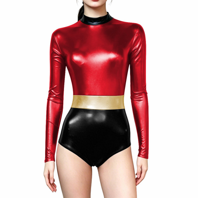 Novelty Shiny Metallic Club Leotard Long Sleeve High Neck Patchwork Bodysuit Halloween Cosplay Costume Party High Cut Catsuit