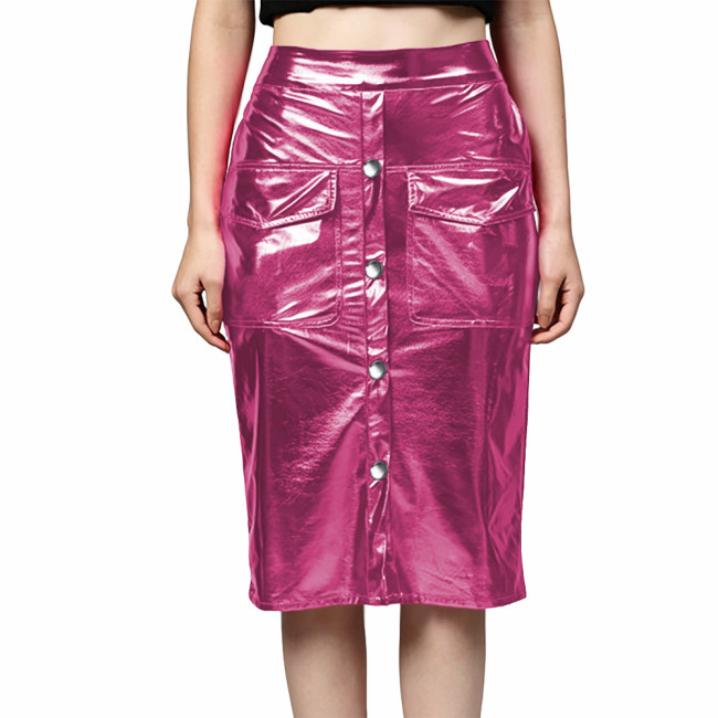 Plus Size High Waist Button Front Bodycon Skirt Shiny Metallic Knee-length Skirt with Pockets Festival Party Skirts Clubwear 8XL