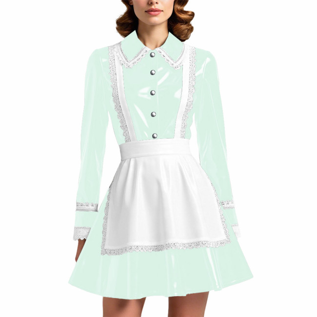 Glossy PVC Leather French Maid Outfit Lace Trim Pleated Mini Dress with White Apron Long Sleeve Cosplay Role Play Maid Uniforms