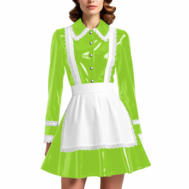 Glossy PVC Leather French Maid Outfit Lace Trim Pleated Mini Dress with White Apron Long Sleeve Cosplay Role Play Maid Uniforms