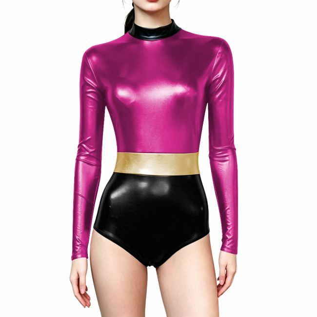 Novelty Shiny Metallic Club Leotard Long Sleeve High Neck Patchwork Bodysuit Halloween Cosplay Costume Party High Cut Catsuit