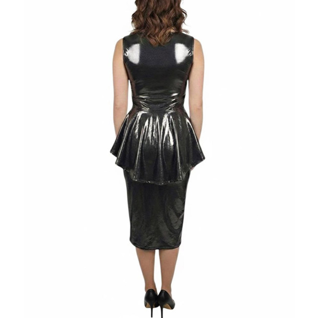 Shiny Metallic Peplum Midi Dress Set Womens Sleeveless Ruffles Top with Pencil Skirt Plus Size Womens Evening Party Club Outfits