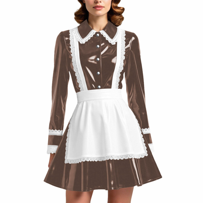 Glossy PVC Leather French Maid Outfit Lace Trim Pleated Mini Dress with White Apron Long Sleeve Cosplay Role Play Maid Uniforms