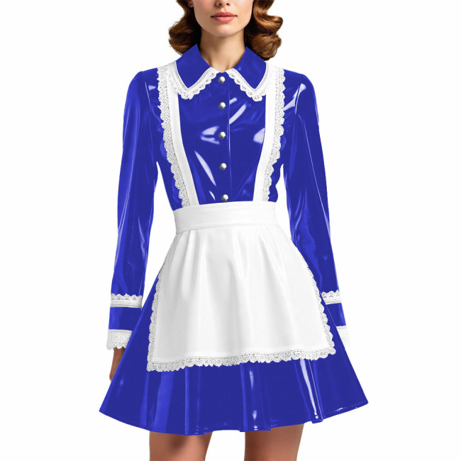 Glossy PVC Leather French Maid Outfit Lace Trim Pleated Mini Dress with White Apron Long Sleeve Cosplay Role Play Maid Uniforms