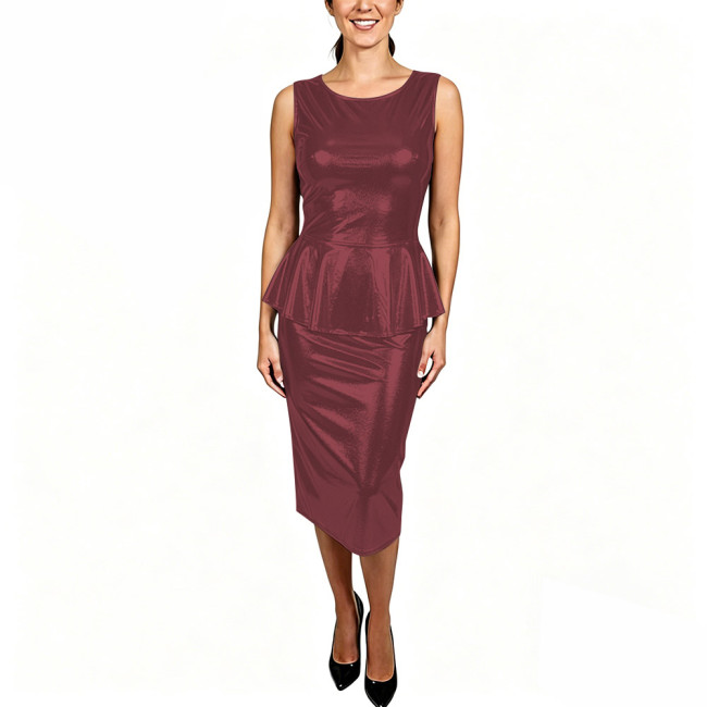 Shiny Metallic Peplum Midi Dress Set Womens Sleeveless Ruffles Top with Pencil Skirt Plus Size Womens Evening Party Club Outfits