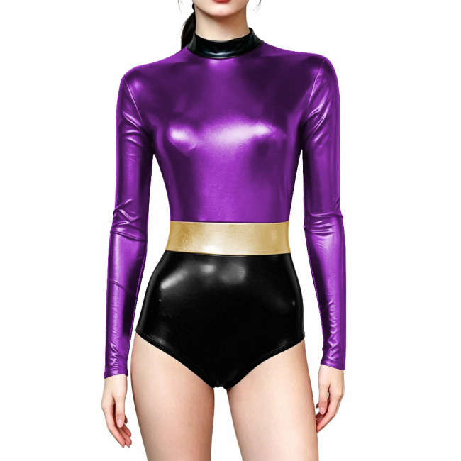 Novelty Shiny Metallic Club Leotard Long Sleeve High Neck Patchwork Bodysuit Halloween Cosplay Costume Party High Cut Catsuit