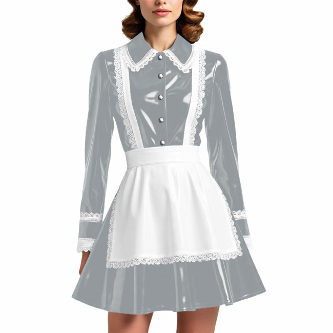 Glossy PVC Leather French Maid Outfit Lace Trim Pleated Mini Dress with White Apron Long Sleeve Cosplay Role Play Maid Uniforms