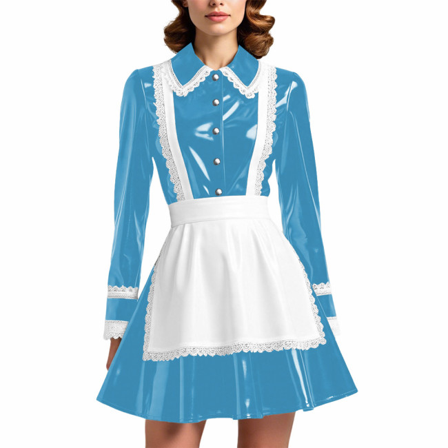 Glossy PVC Leather French Maid Outfit Lace Trim Pleated Mini Dress with White Apron Long Sleeve Cosplay Role Play Maid Uniforms
