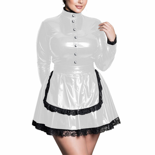 Plus Size High Neck Maid Uniforms Long Sleeve Black Lace Trim Apron Mini Dress Womens PVC Shiny Maid Outfits Halloween Cosplay