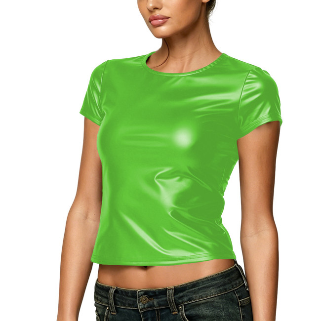 Plus Size Women Matte Faux Leather Tops Hot Girls High Street Style Crop Tops Solid Short Sleeve Round Neck T-shirts Club Outfit