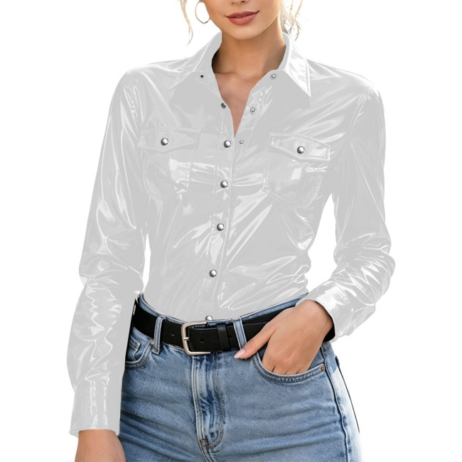 Plus Size Womens Shirt with Pockets Wet Look PVC Long Sleeve Female Blouses Shiny PU Leather Single Breasted Tops Streetwear